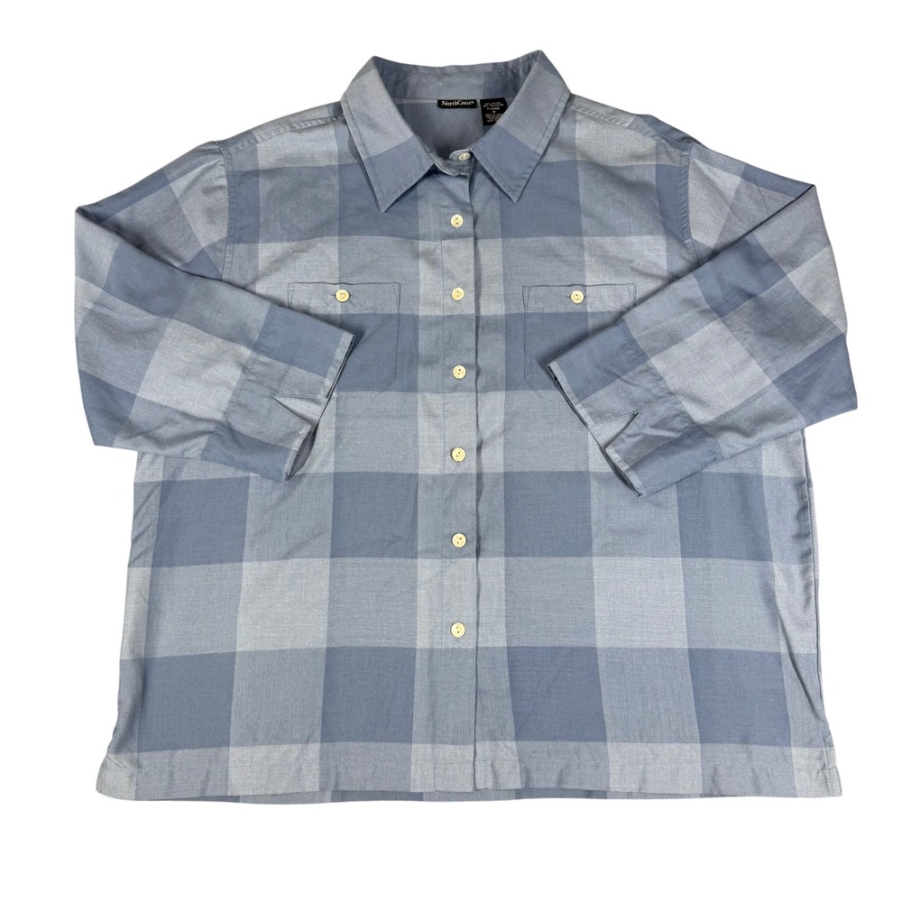 NorthCrest Blue Buffalo Plaid 3/4 Sleeve Button Up Shirt XL 18 Rayon Blend